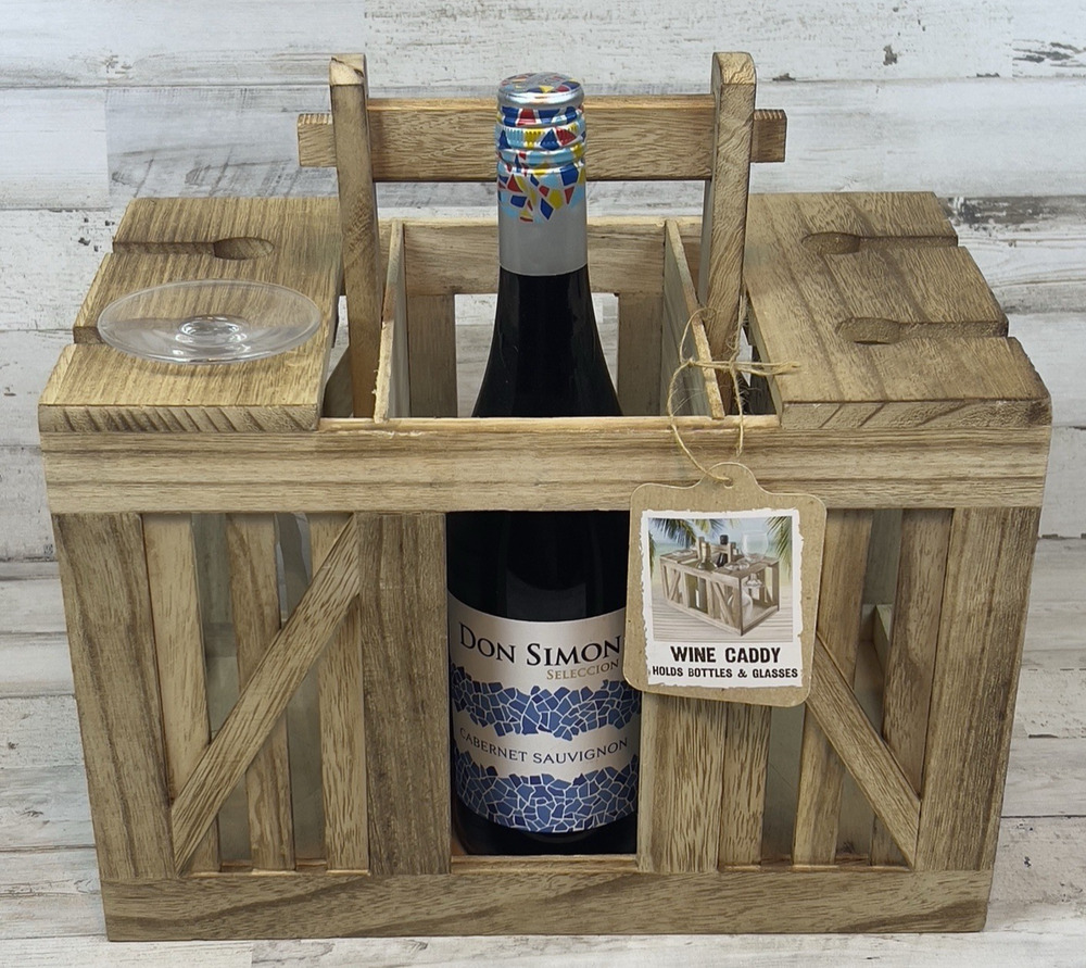 Artland Mixology Wood Wine Caddy Crate 2 Bottle 4 Glass Holder Rustic New Tag